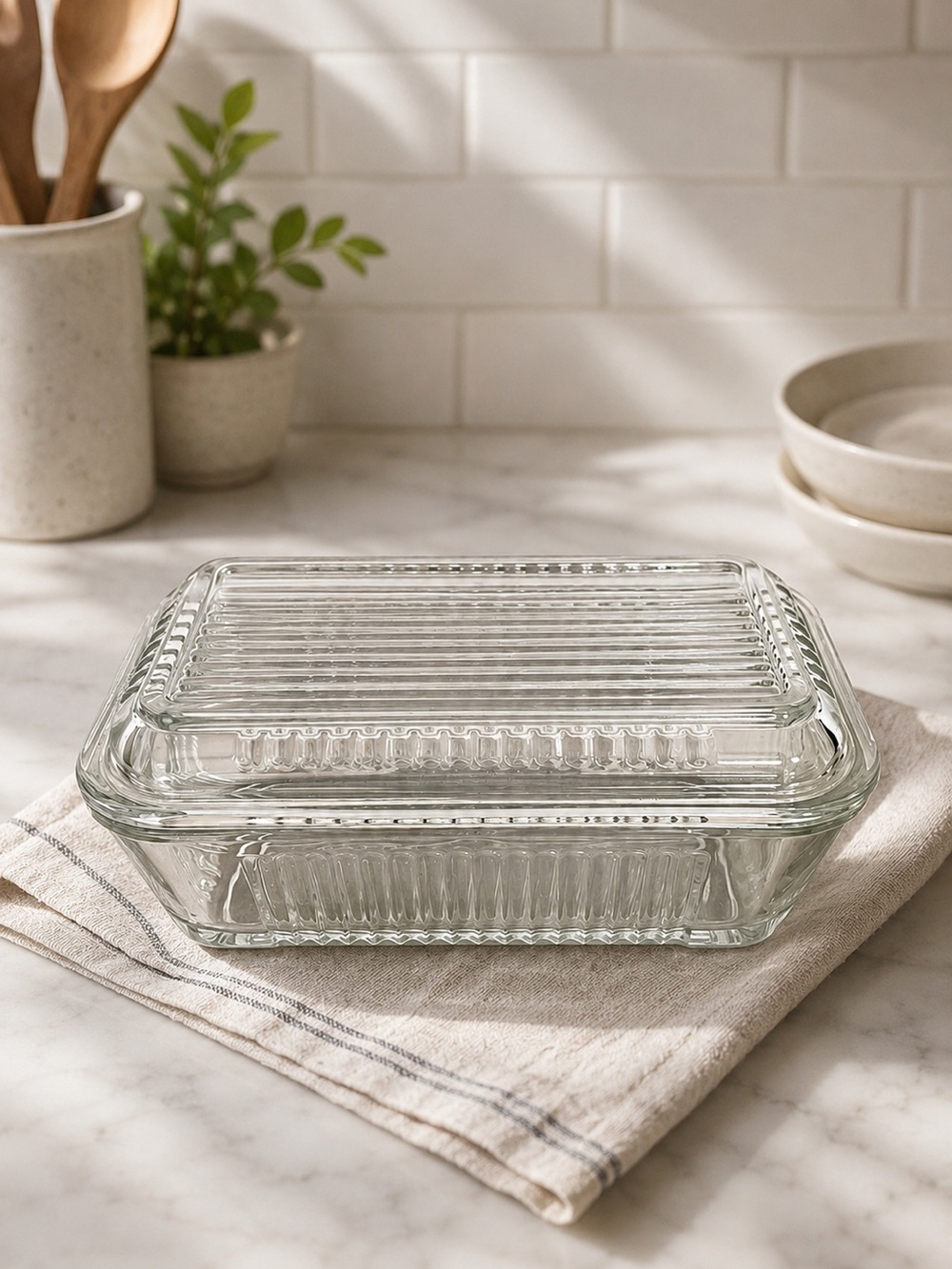 Vintage Retro Clear Ribbed Glass Paşabahçe Refrigerator Dish with Lid